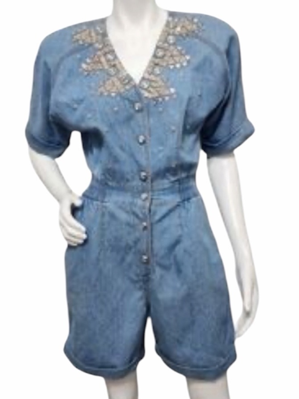 Vintage Monique Fashions Rhinestone Blue Denim Shirt Jumpsuit Size 16 Women
